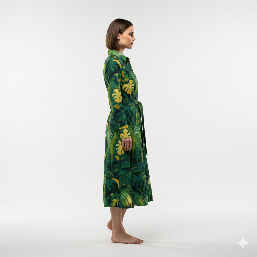Button Front Shirt Dress Green Leaves