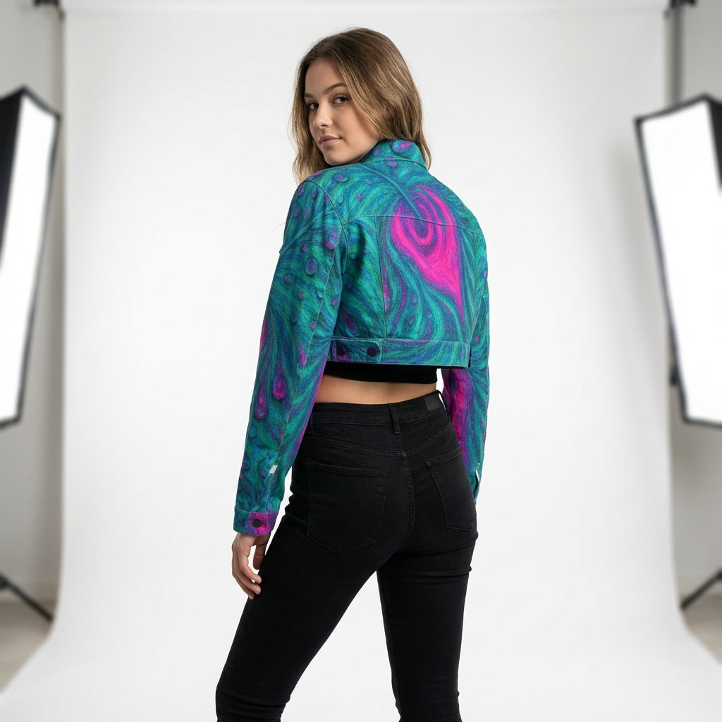 Cropped Jean Cotton Jacket Teal Peacock Feather