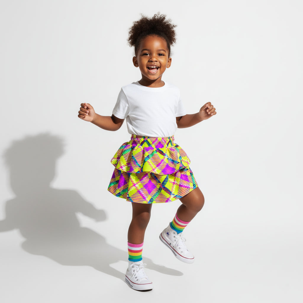 Kid's Neon Plaid Smocked Skirt