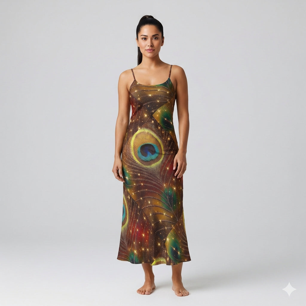 Bias Slip Dress Golden Peacock Feather