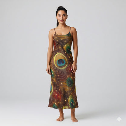 Bias Slip Dress Golden Peacock Feather