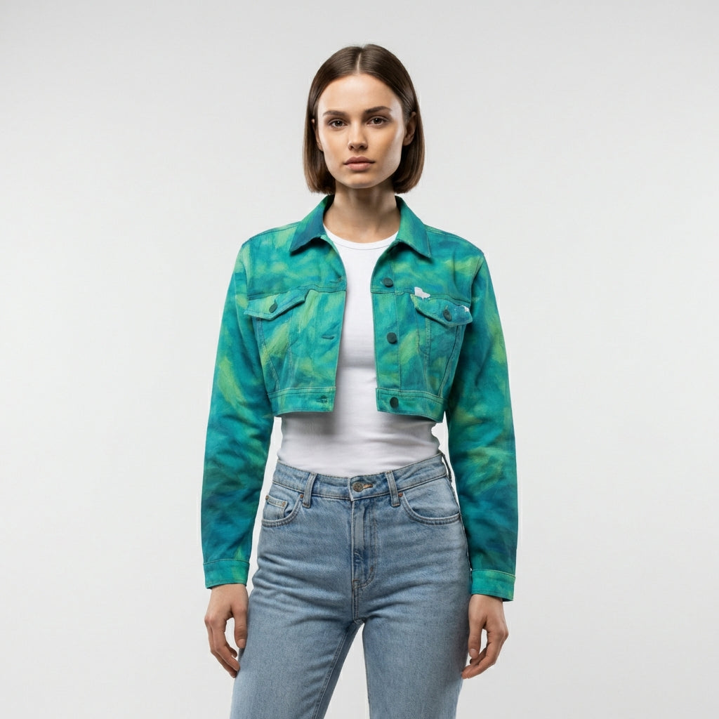 Cropped Jean Cotton Jacket Turquoise Watercolors