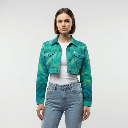 Cropped Jean Cotton Jacket Turquoise Watercolors