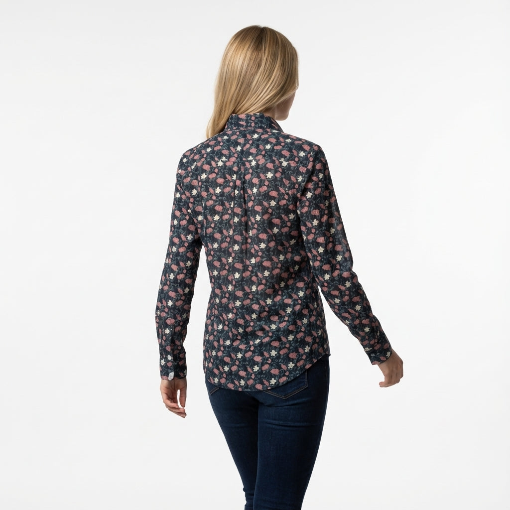 Feminine Floral Button Down Shirt with Handpainted Roses on Navy background