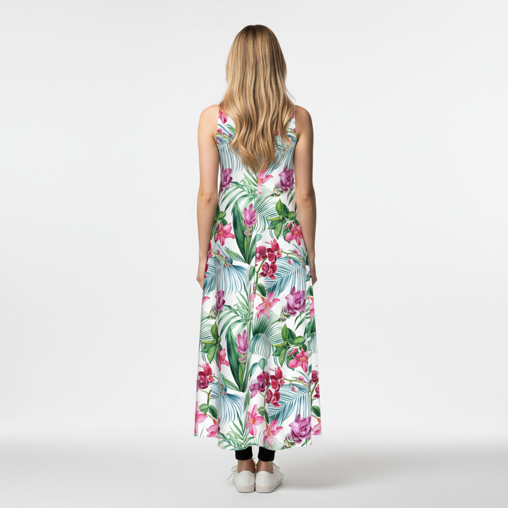 V-Neck A-Line Linen Dress – White Tropical Floral