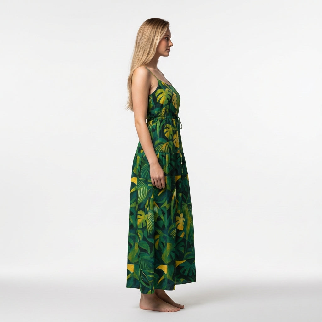 Maxi Dress with Waist Tie Green Leaves