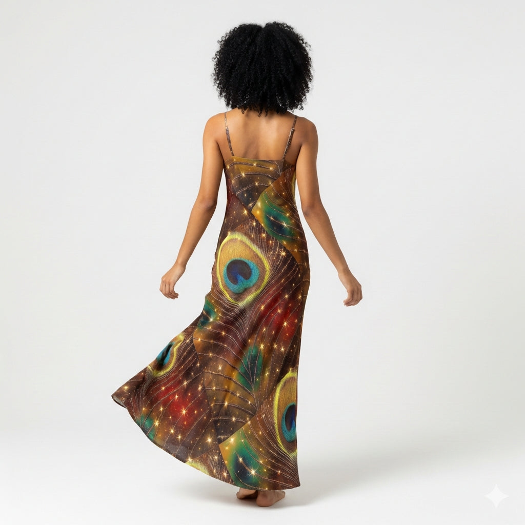 Bias Slip Dress Golden Peacock Feather