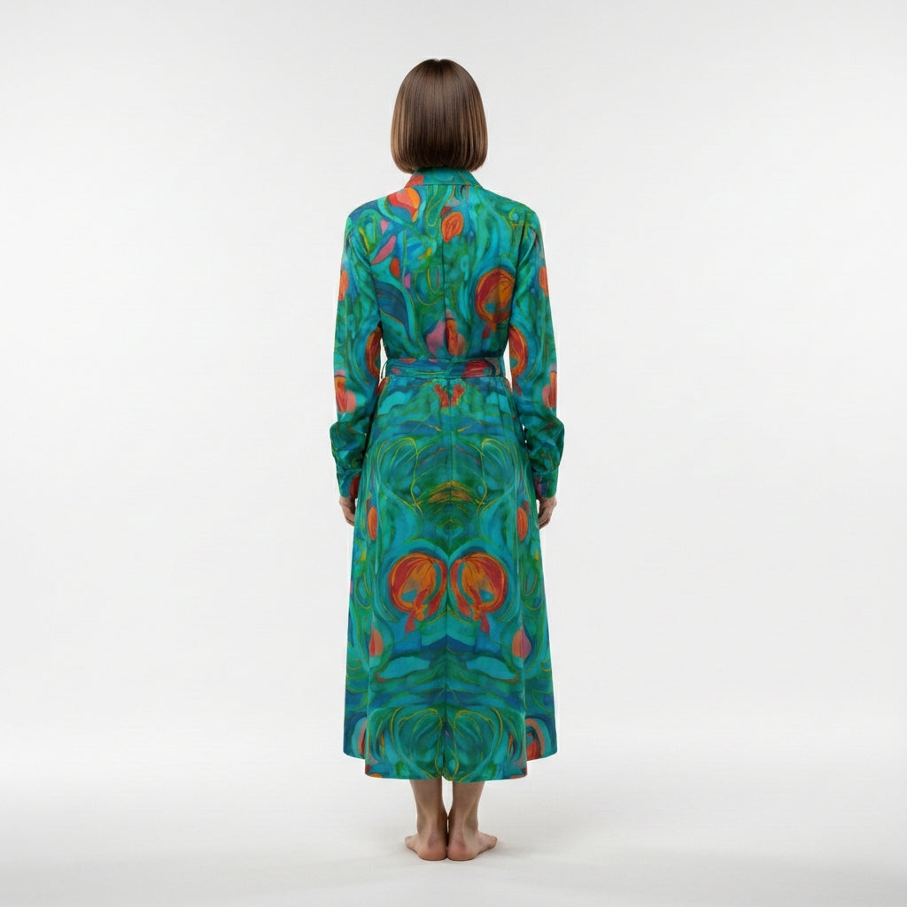 Button Front Shirt Dress Floral Swamp in Lightweight Cotton Poplin