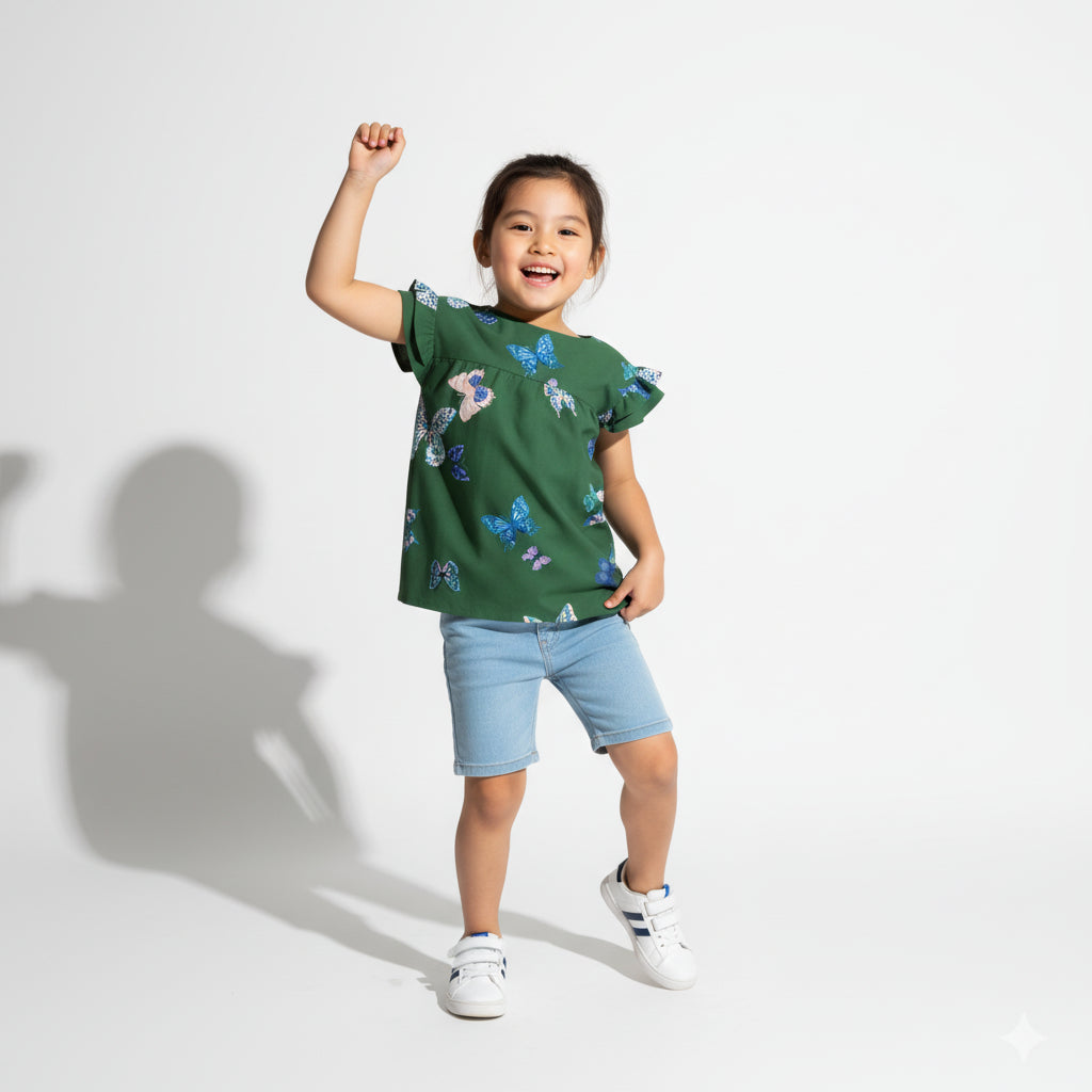 Kid's Ruffled Sleeve Top in Emerald Fluttering Butterflies