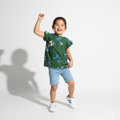 Kid's Ruffled Sleeve Top in Emerald Fluttering Butterflies