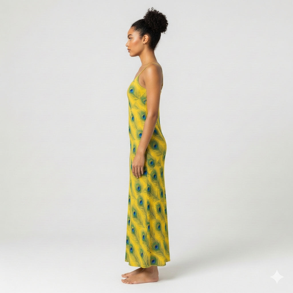 Bias Slip Dress Yellow Peacock Feathers