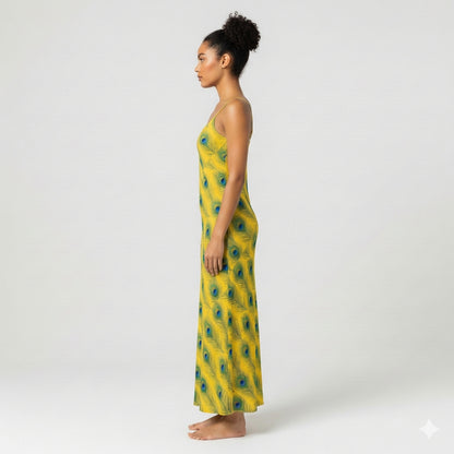 Bias Slip Dress Yellow Peacock Feathers