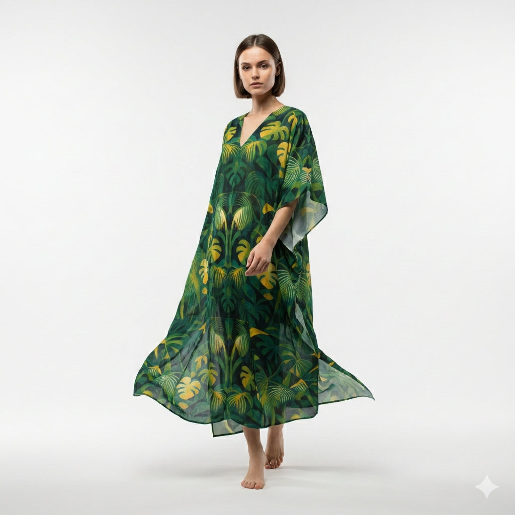 Caftan Green Leaves – Lightweight Organic Cotton Voile