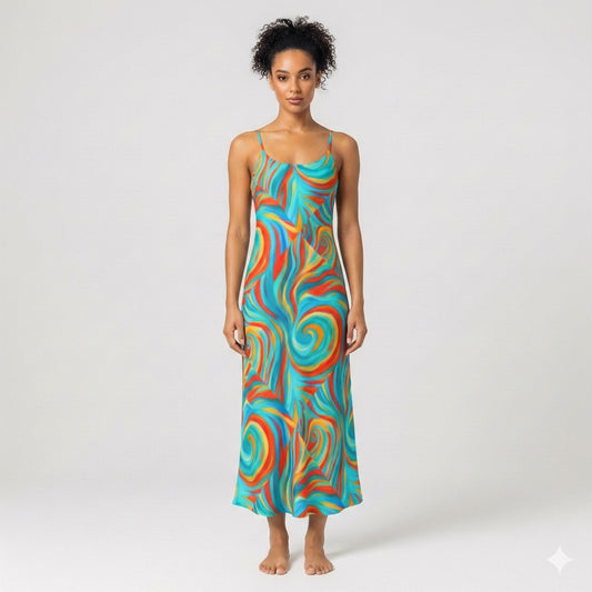 Bias Slip Dress Cyan Swirls