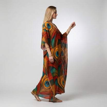 Caftan Yellow Peacock Feather in Lightweight Organic Cotton Voile