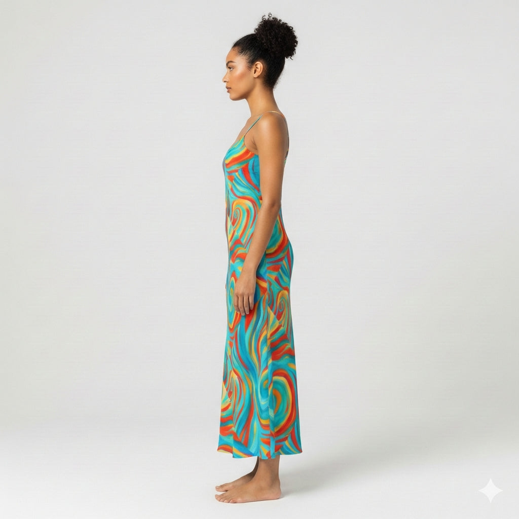 Bias Slip Dress Cyan Swirls