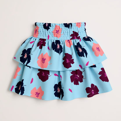 Kid's Smocked Ruffle Skirt in Light Blue Poppies