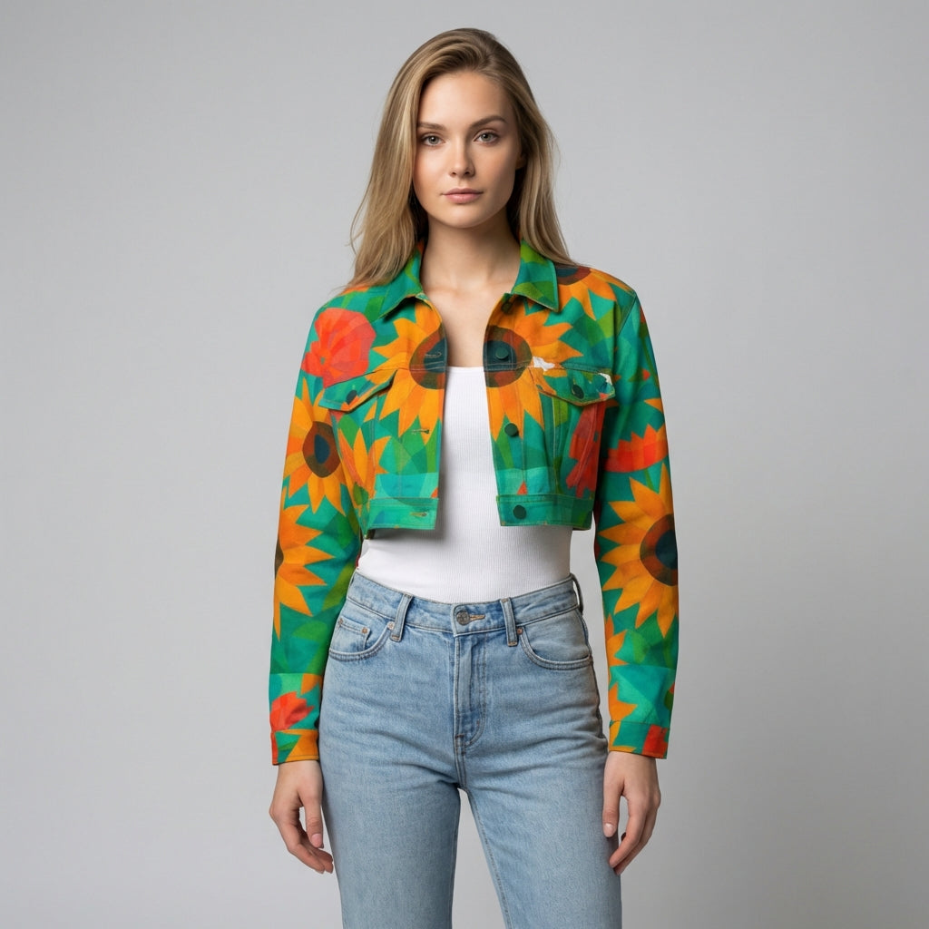 Cropped Jean Cotton Jacket Sunflowers