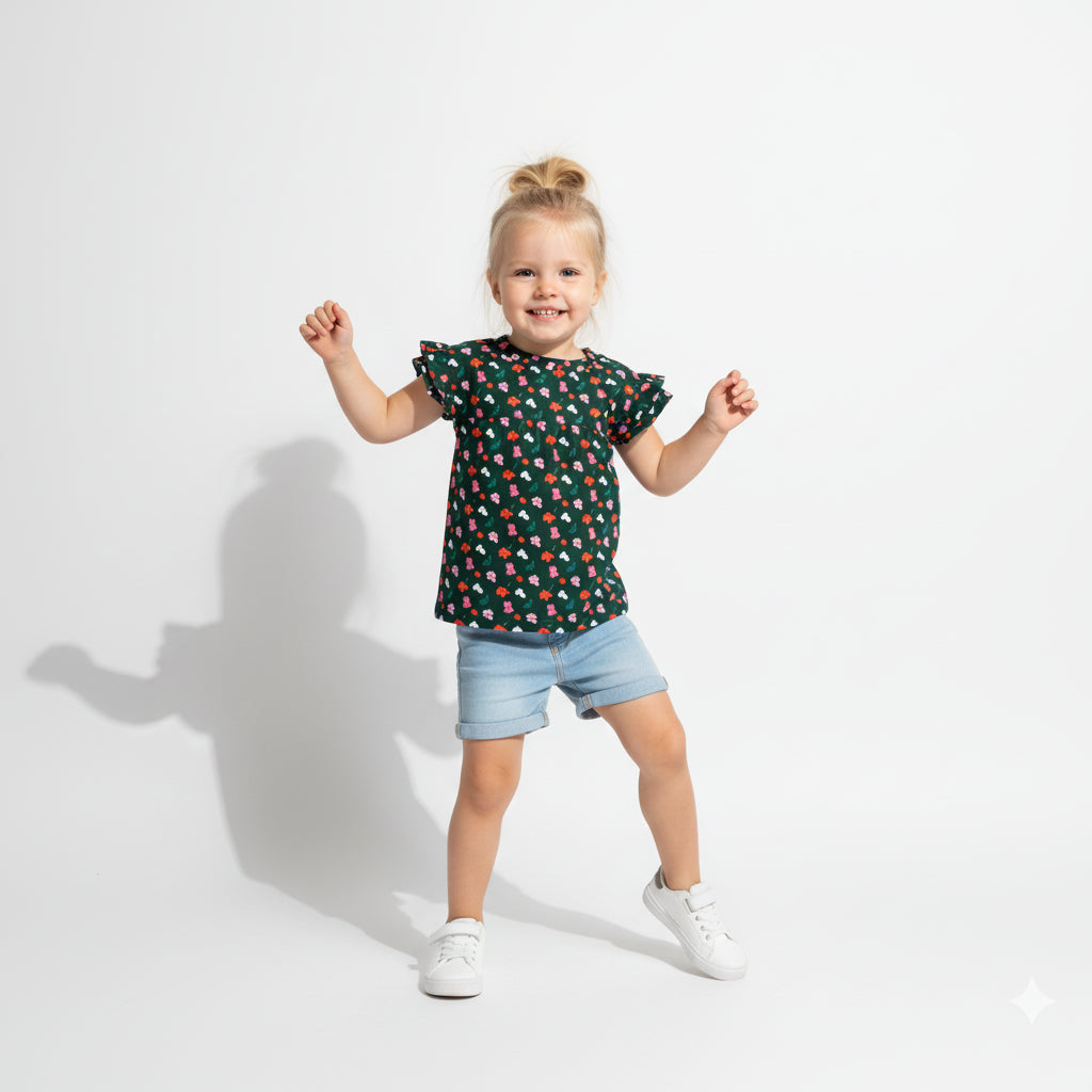 Kid's Ruffled Sleeve Top in Evergreen Painted Poppies