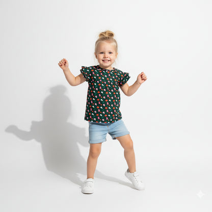 Kid's Ruffled Sleeve Top in Evergreen Painted Poppies