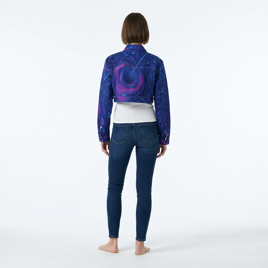Cropped Jean Cotton Jacket Blue Peacock Feather