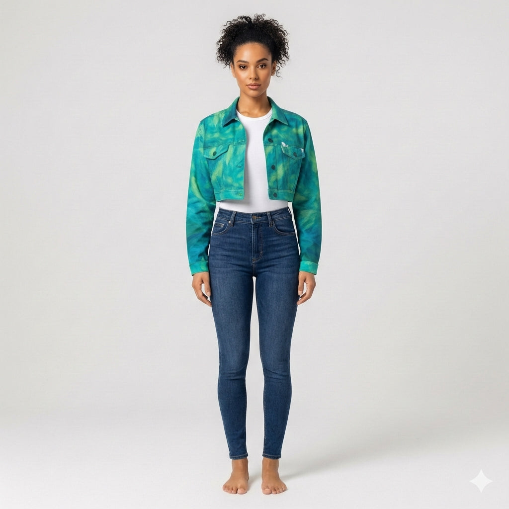 Cropped Jean Cotton Jacket Turquoise Watercolors