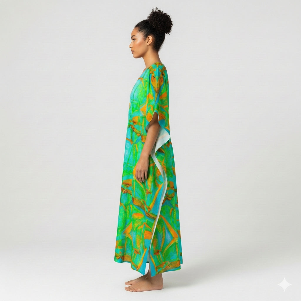 Caftan Palm Tree Island in Lightweight Organic Cotton Voile