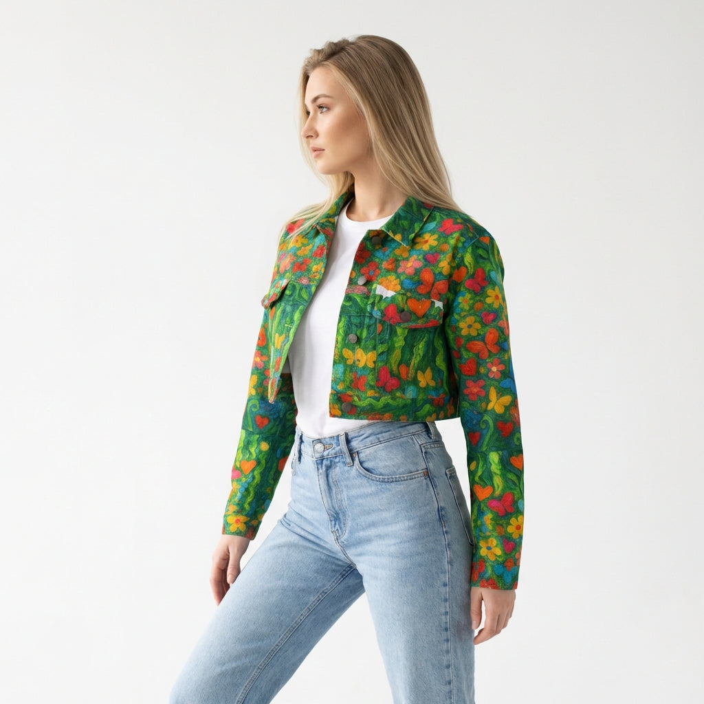 Cropped Jean Cotton Jacket Butterfly Flowers