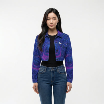 Cropped Jean Cotton Jacket Blue Peacock Feather