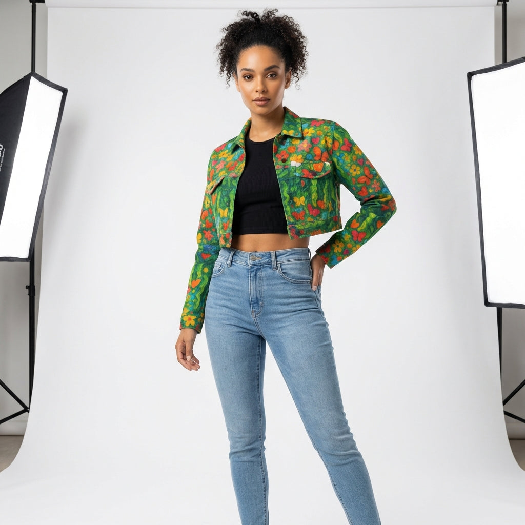 Cropped Jean Cotton Jacket Butterfly Flowers