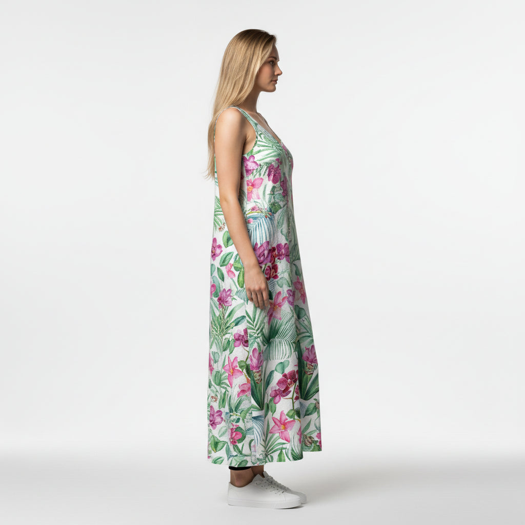 V-Neck A-Line Linen Dress – White Tropical Floral