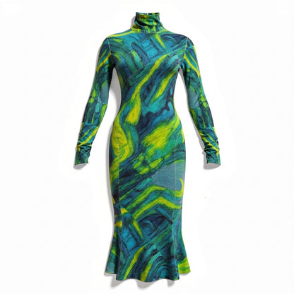 Sarong Maxi Turtleneck Body Con Dress Blue Jungle