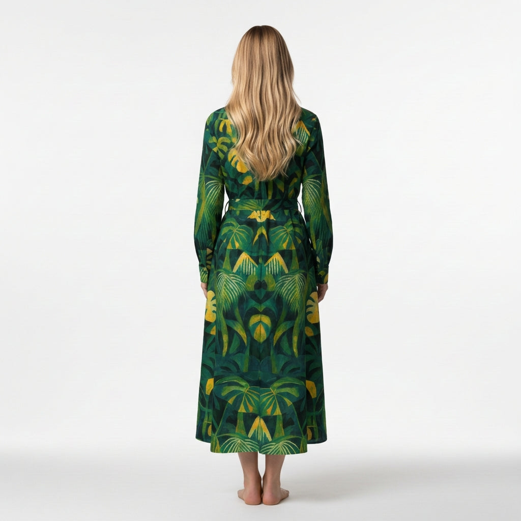 Button Front Shirt Dress Green Leaves
