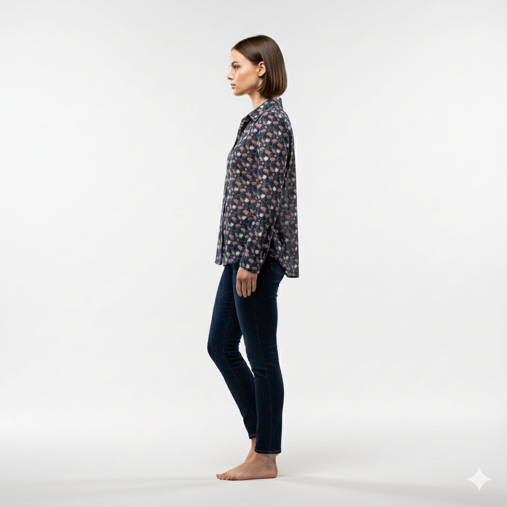 Feminine Floral Button Down Shirt with Handpainted Roses on Navy background