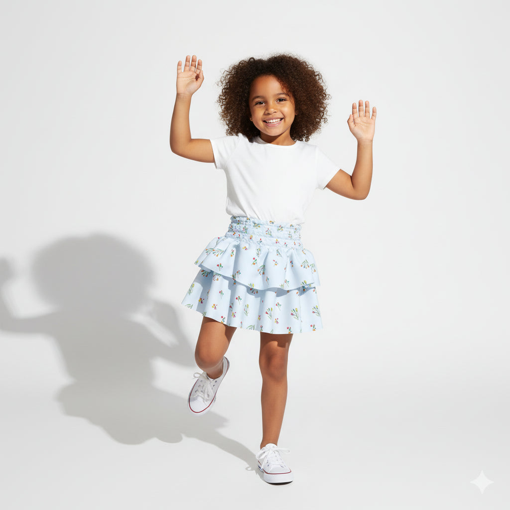 Kid's Smocked Ruffle Skirt in Sky Blue Primrose