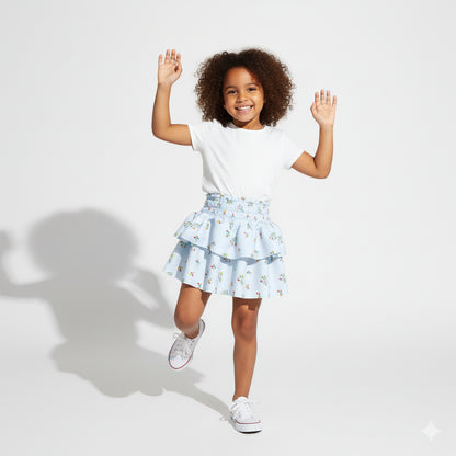 Kid's Smocked Ruffle Skirt in Sky Blue Primrose