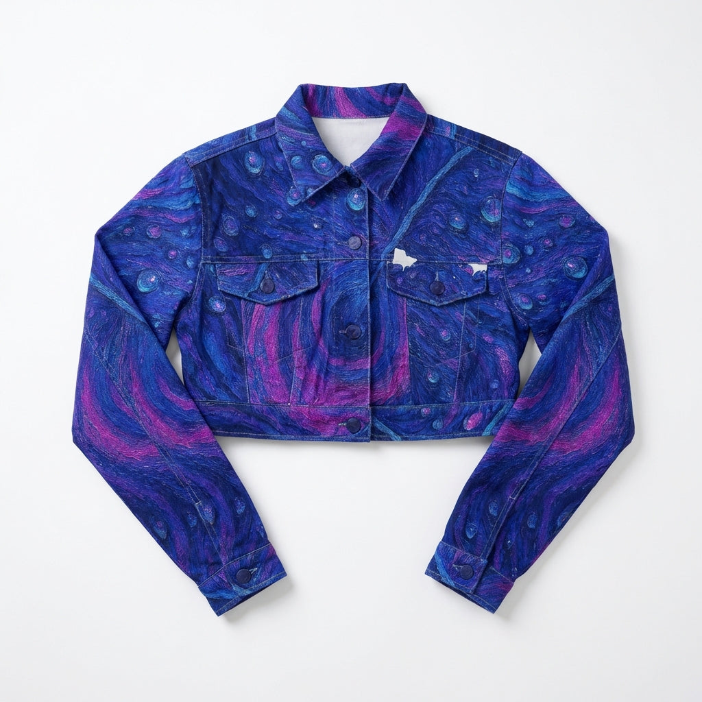 Cropped Jean Cotton Jacket Blue Peacock Feather