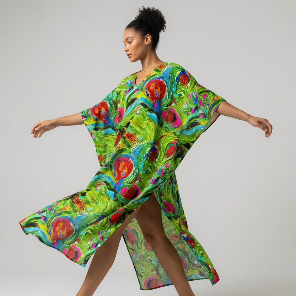 Caftan Water Lilies 2 in Lightweight Organic Cotton Voile