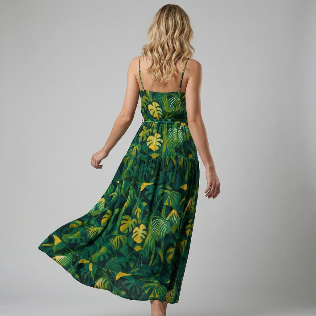 Maxi Dress with Waist Tie Green Leaves