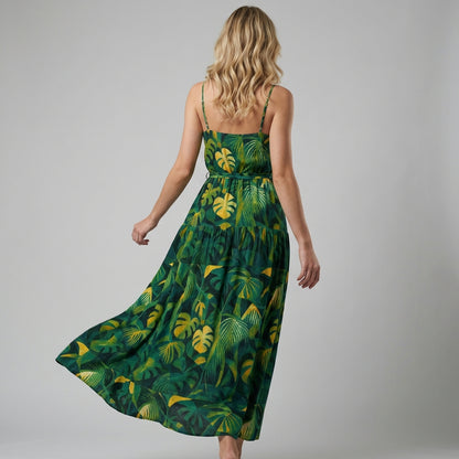 Maxi Dress with Waist Tie Green Leaves