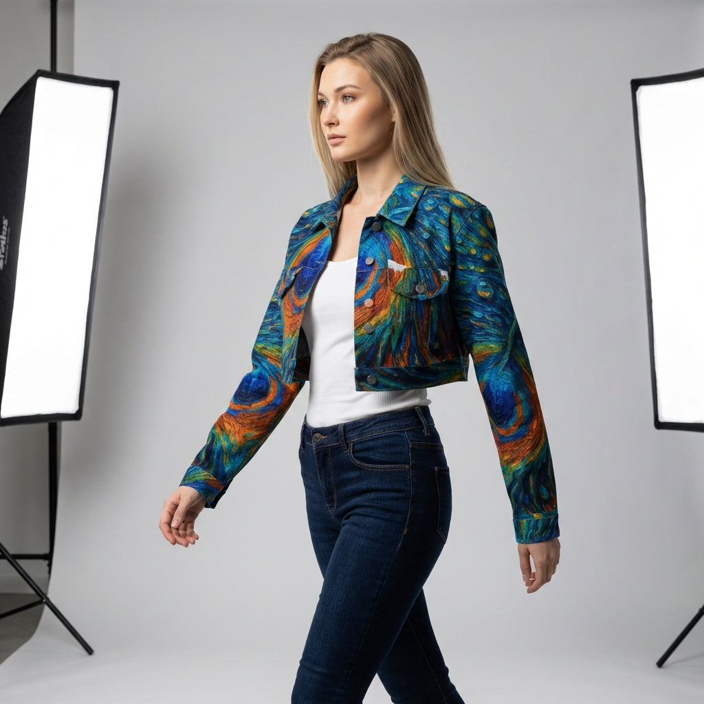 Cropped Jean Cotton Jacket Orange Peacock Feather