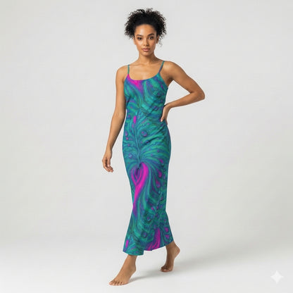 Bias Slip Dress Teal Peacock Feather