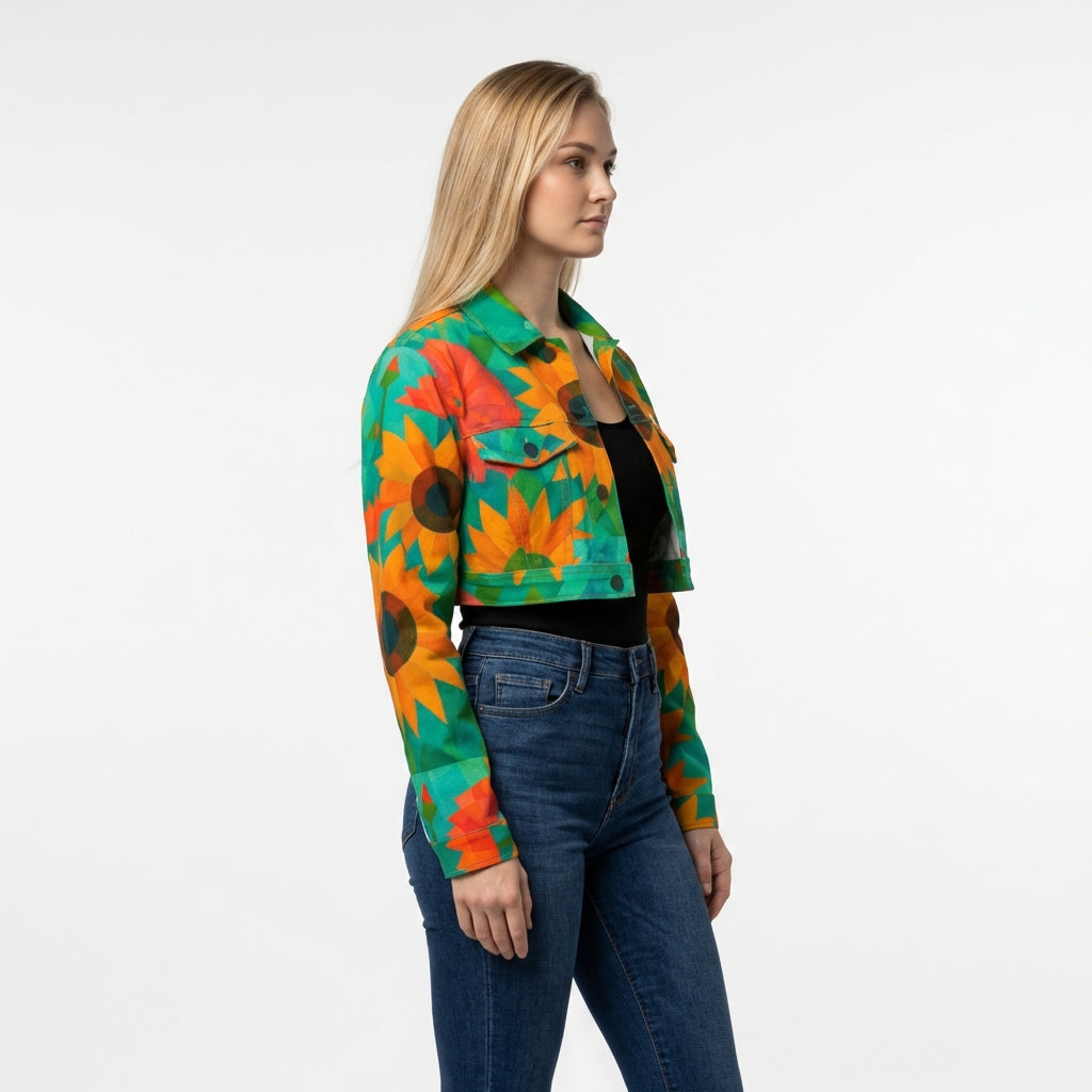 Cropped Jean Cotton Jacket Sunflowers