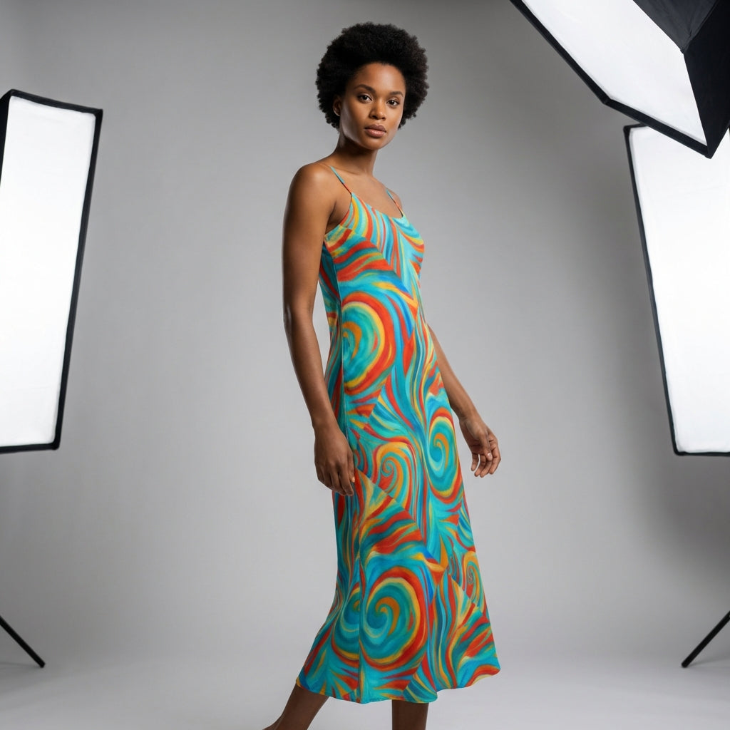 Bias Slip Dress Cyan Swirls