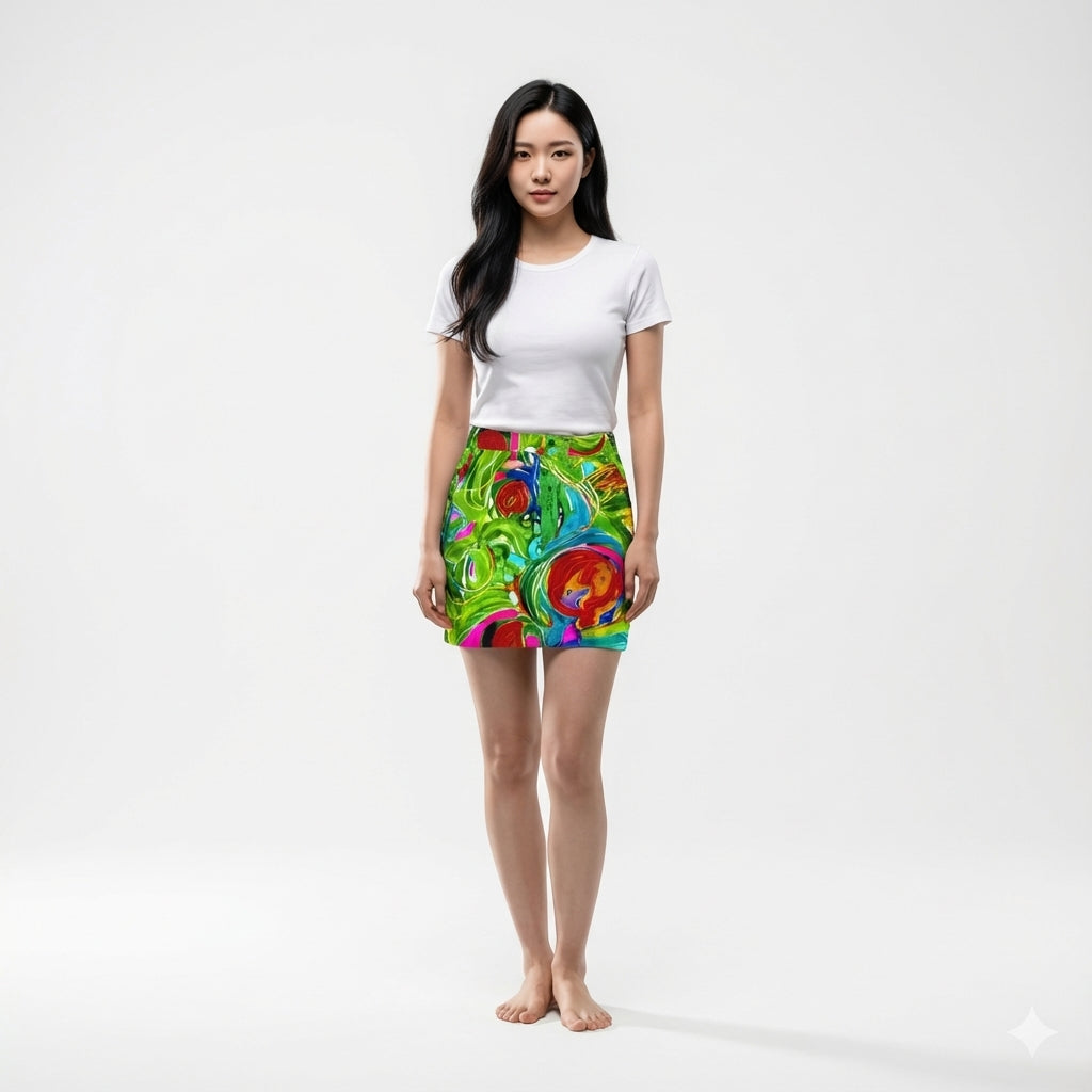 Denim Mini Skirt in Abstract Watercolor Print