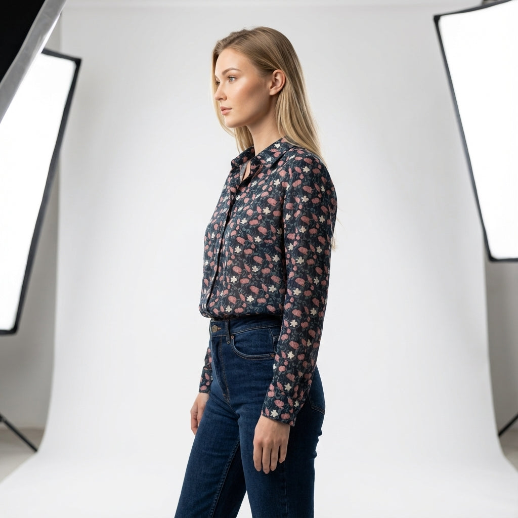 Feminine Floral Button Down Shirt with Handpainted Roses on Navy background