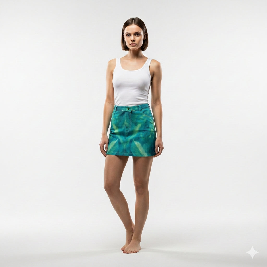 Denim Mini Skirt Turquoise Watercolors