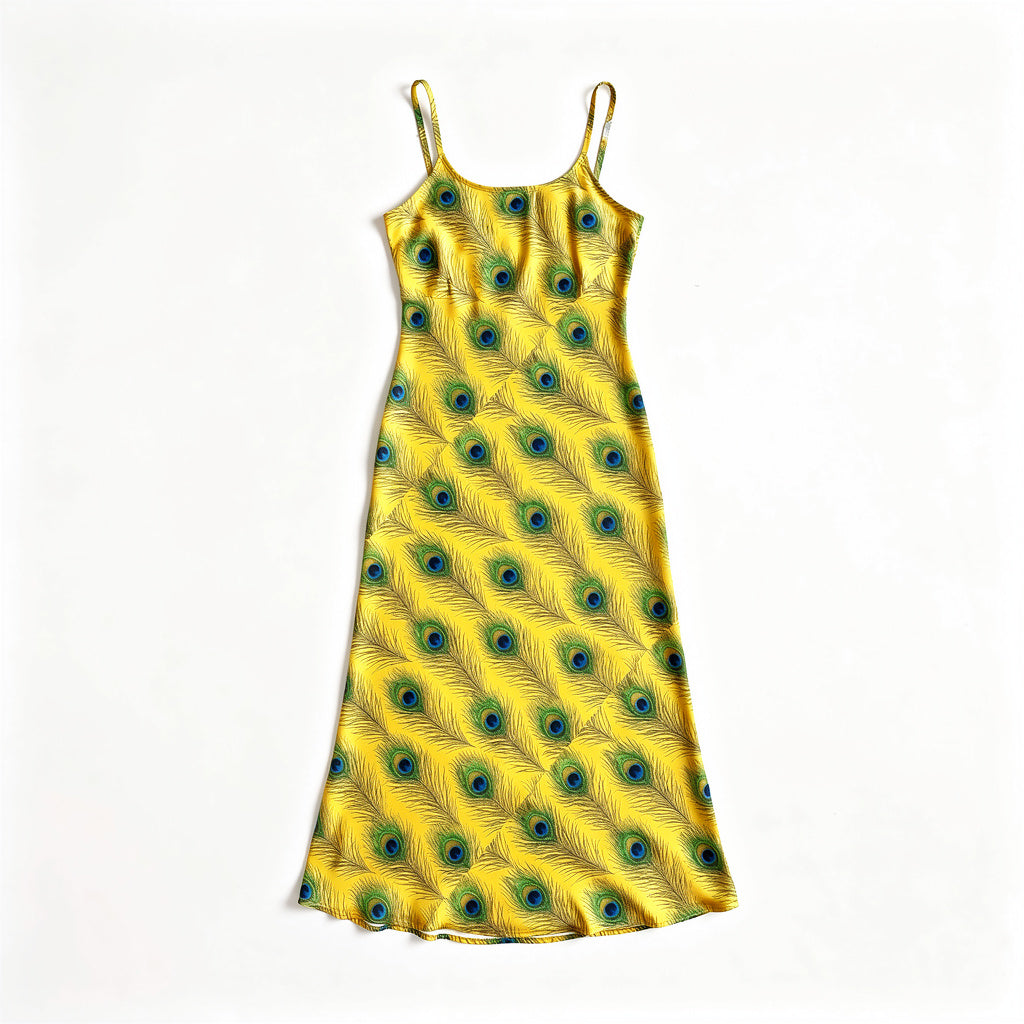 Bias Slip Dress Yellow Peacock Feathers