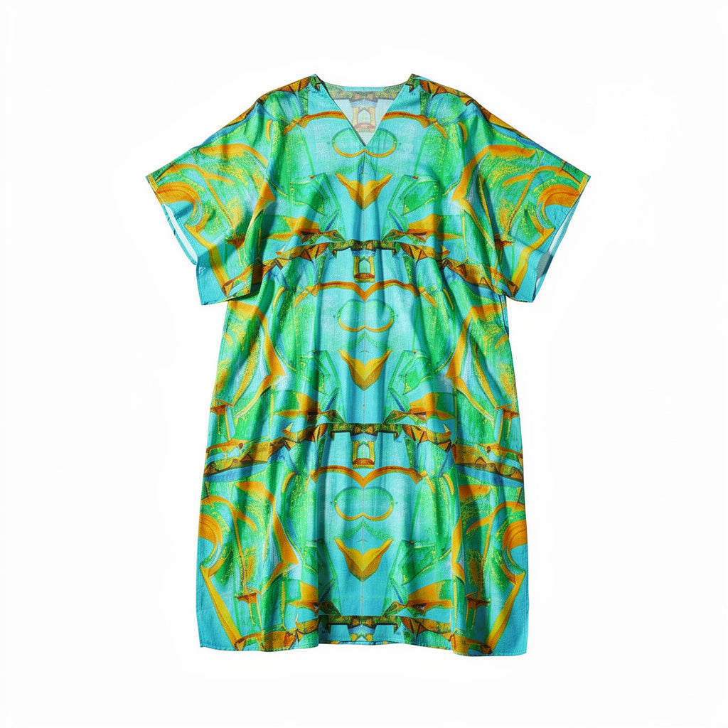 Caftan Palm Tree Island in Lightweight Organic Cotton Voile