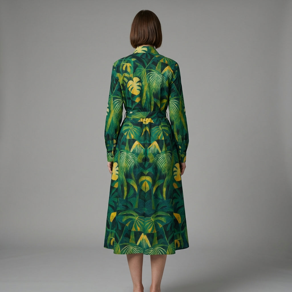 Button Front Shirt Dress Green Leaves